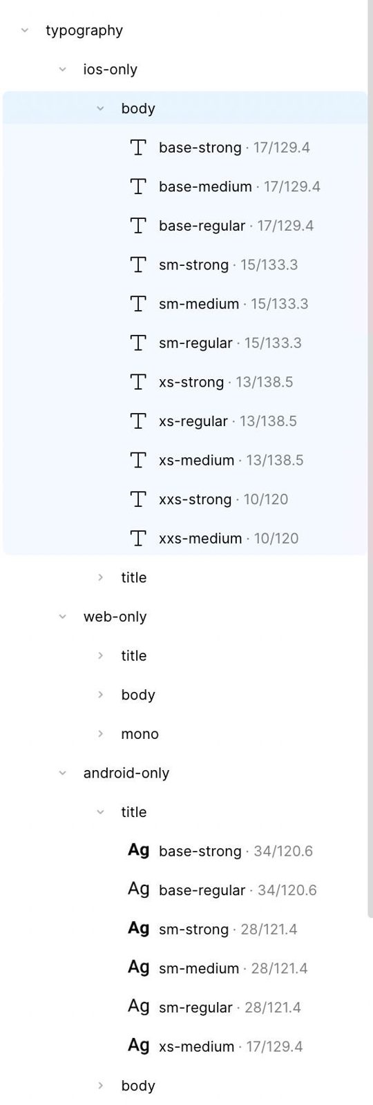 Design token documentation showing typography and colour scales